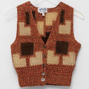 Harpees Vintage Vest Leather Knit 70s Patchwork Brown Tan Rust Size Medium